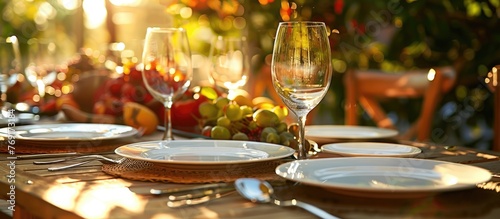 Table setting for hosting guests and serving meals at a festive gathering. © Lasvu