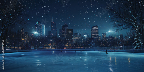 Cityscape Ice Skating Rink at Night with Tall Buildings in Background under Bright City Lights