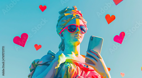 A painted sculpture of a girl in the ancient Greek pop art style with glasses, a girl holding a smartphone in her hands and looking at the screen, hearts flying around 16