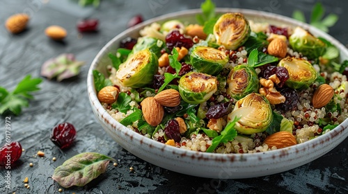 Fried brussels sprouts salad with quinoa, cranberries and nuts in a white bowl. photo