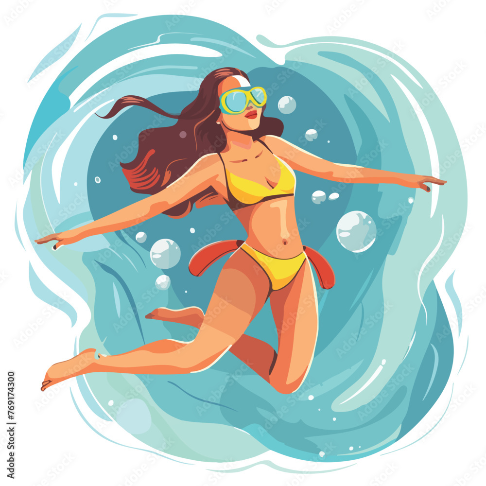 Woman in bathing suit and water wings swimming unde