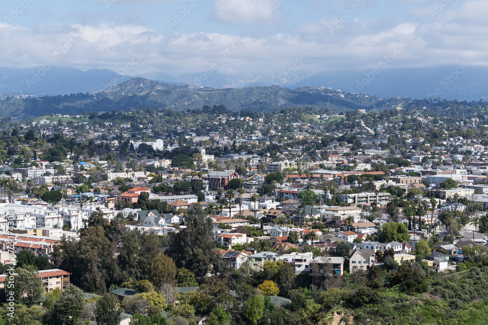 Hilltop view of the Highland Park neighborhood in Los Angeles, California.