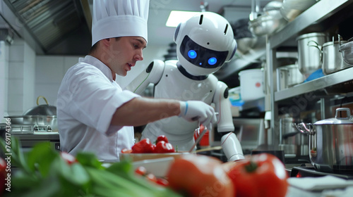 Chef with cooking robot assistant in restaurant future concept. photo