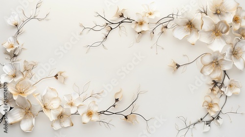 Abstract floral garland border, on the white background, with intertwined blooms and delicate vines for a romantic touch.