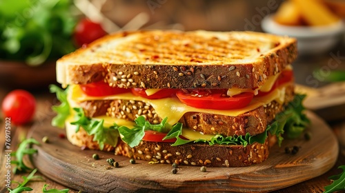 Grilled and pressed toast with smoked ham, cheese, tomato and lettuce