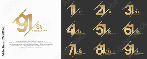 anniversary vector set with gold color and slash for celebration purpose