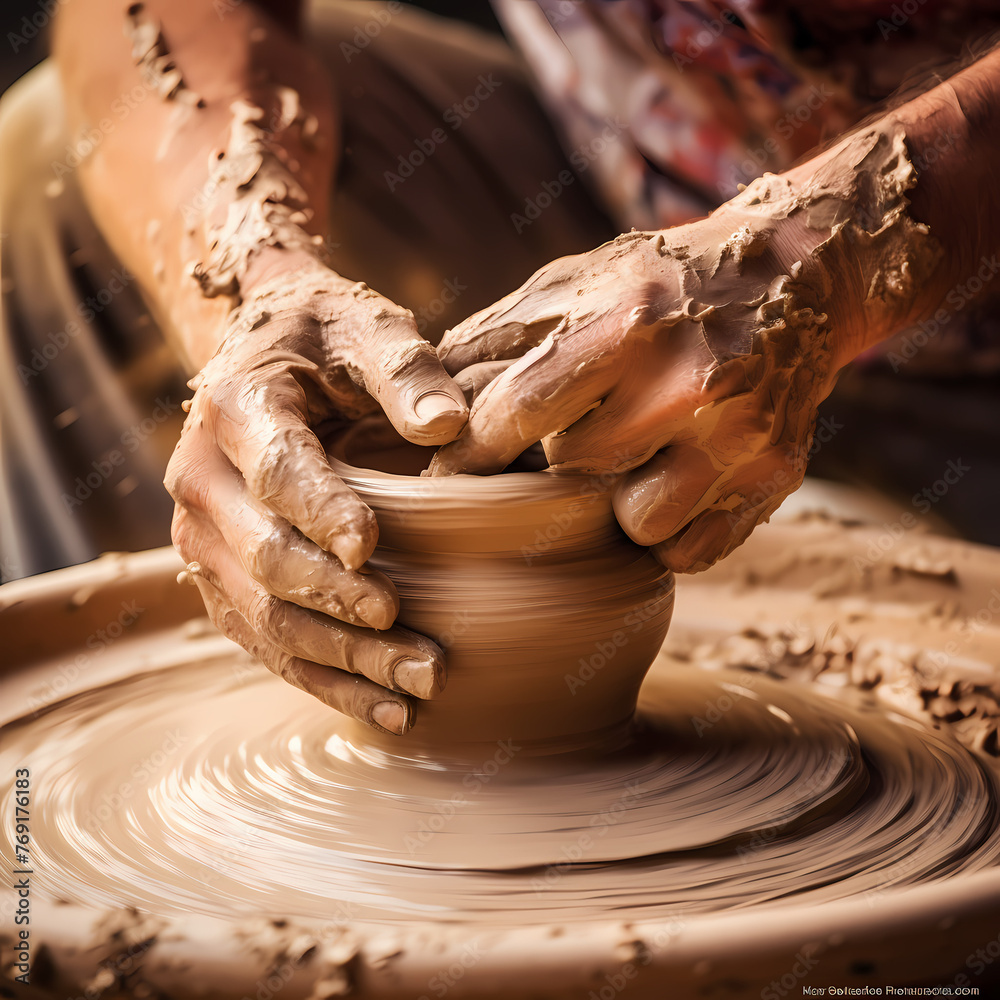 A close-up of a potter shaping clay on a wheel.