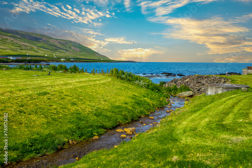 Iceland, Borgarfjordur, natural green areas, stream flowing into the sea.