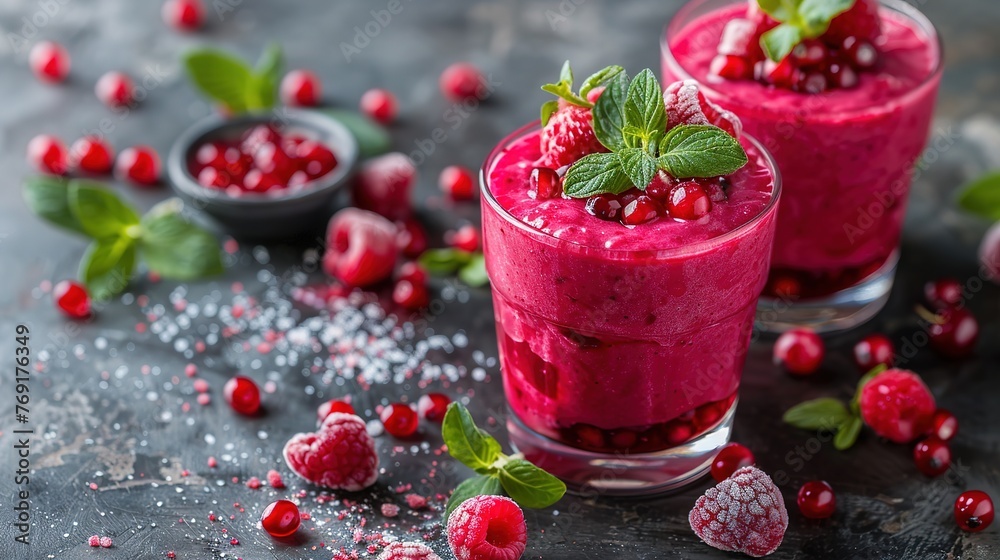 Beautiful appetizer pink raspberries fruit smoothie or milk shake in glass jar with berries