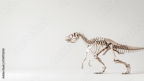 captivating image of a dinosaur skeleton showcased against a pristine white background. The intricate details of the fossilized bones are brought to life  capturing the essence of a creature from a by