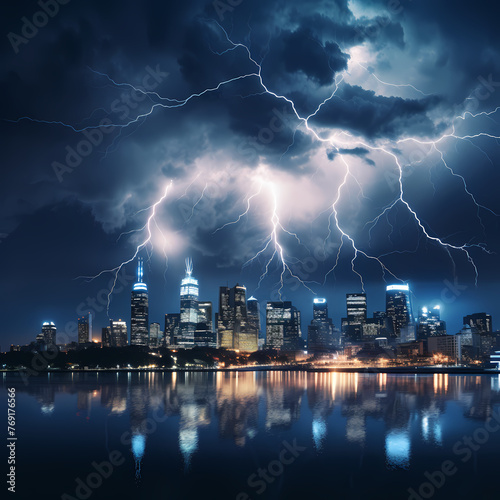 A dramatic lightning storm over a city skyline. 
