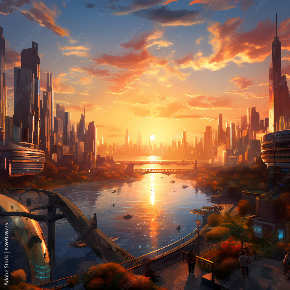A futuristic cityscape at sunset.