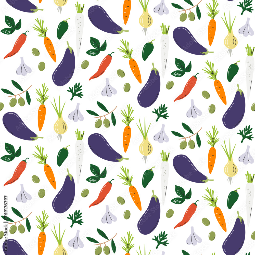 Eggplant and vegetables isolated on white. Eco organic seamless pattern print. Local farmer's market wrapping paper concept design. Escabeche recipe ingredients hand drawn flat vector illustration