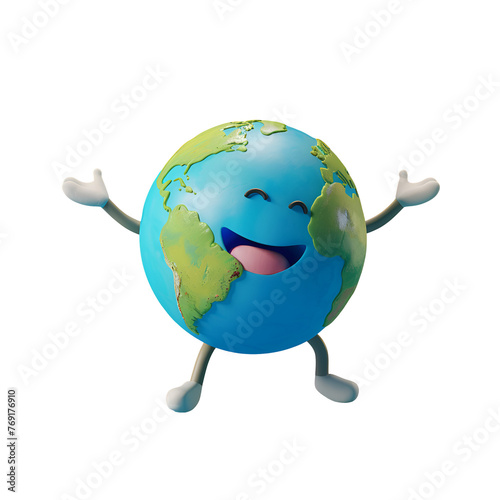 Happy Earth with Arms, Smiling: A Simple 3D Cartoon Render for Earth Day Graphic Resource, Isolated on Transparent Background, PNG