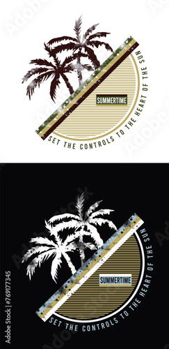 Vector illustration of stylized coconut trees, stripes and text alluding to the sun and summer.