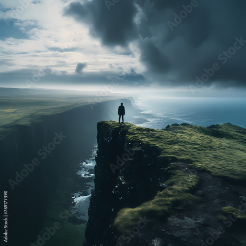 A lone figure standing on the edge of a cliff overseeing a canyon