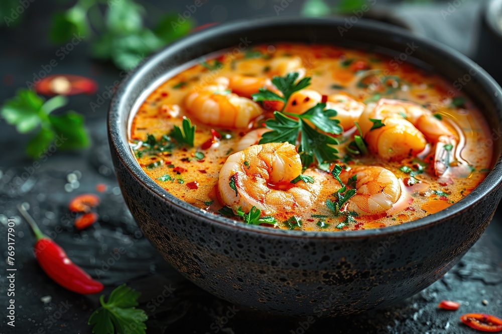 tom yum kung Spicy Thai soup with shrimp in a black bowl on a dark stone background