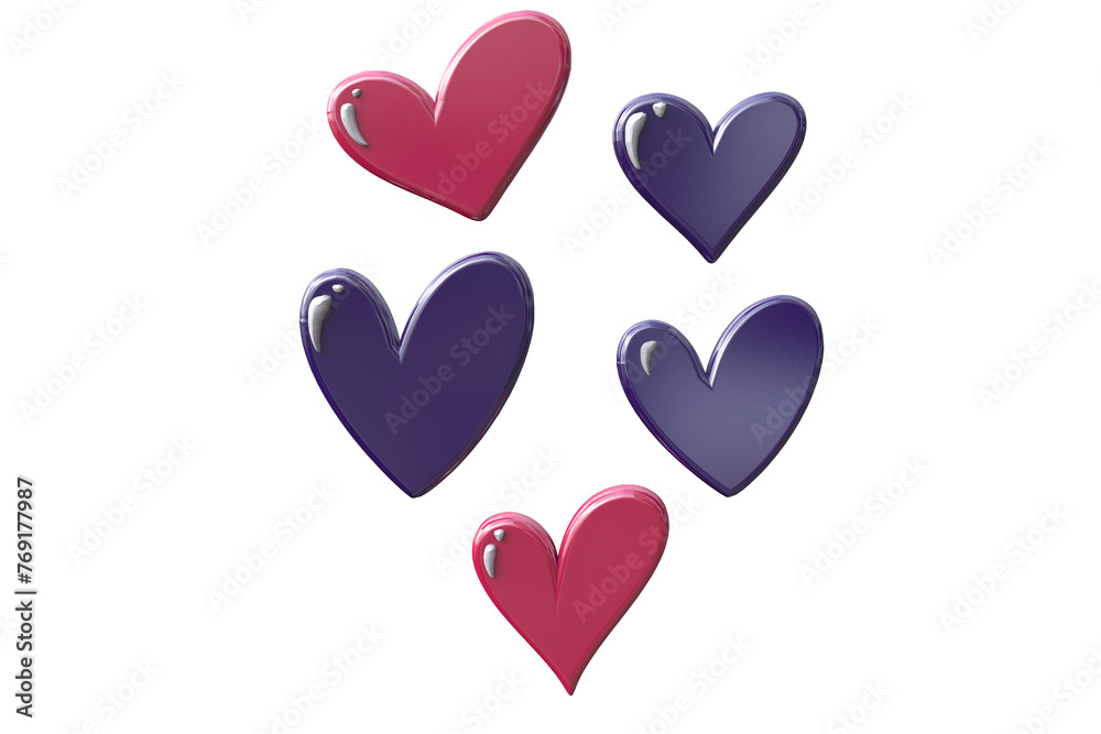 hearts of various sizes pink and purple 3D shape rendered in png for high quality composition