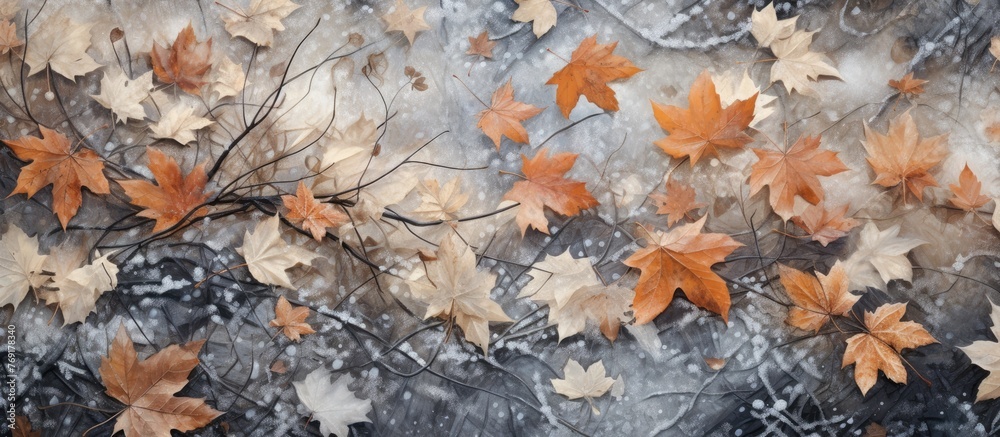 Autumn leaves gently fall from the branches of a tree onto the snowy ground in a serene winter scene Autumn leaves gently fall from the branches of a tree onto the snowy ground in a serene winter scene