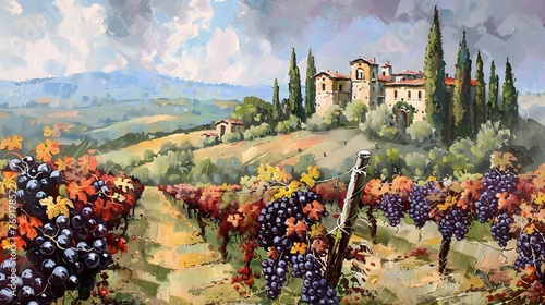 Tuscan vineyard with red grapes.