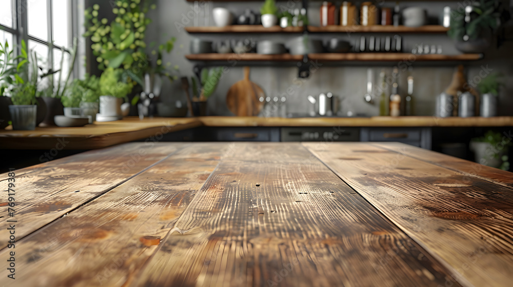 A wooden table is the focal point with a kitchen in the background of a building. The hardwood flooring is stained dark, contrasting with the asphalt outside