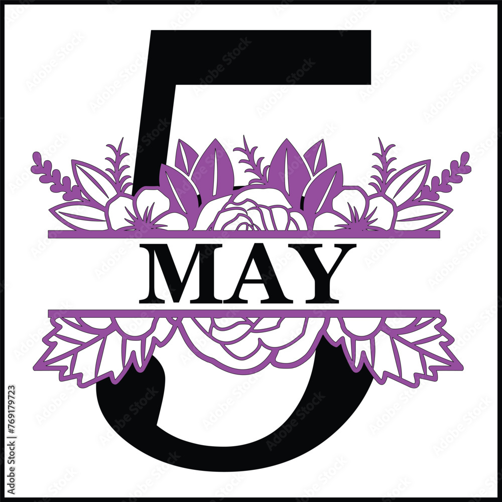 Fototapeta premium 5 May Floral Split Silhouette Counting Vector Design | Print Design | Cut file | Shirt Design | Birthday Gift