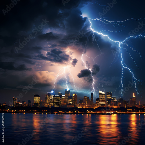 Dramatic lightning storm over a city skyline.