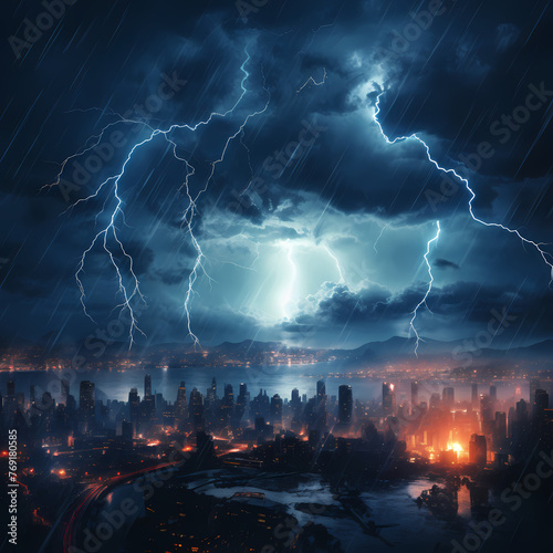 Dramatic lightning strikes over a dark city skyline