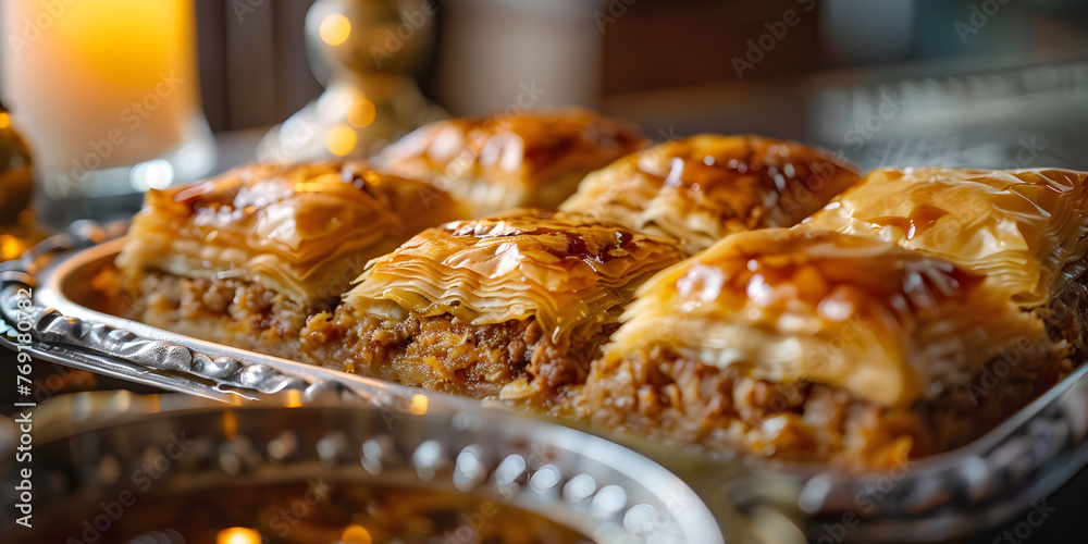 Turkish baklava on a light color table. Traditional delicious Turkish baklava sweet, slice of baklava close view