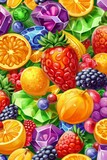 A playful fruit explosion pattern, showcasing an assortment of tropical fruits, against a backdrop of the colorful gemstones created with Generative AI Technology