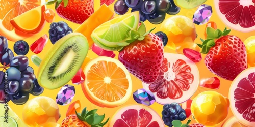 A playful fruit explosion pattern, showcasing an assortment of tropical fruits, against a backdrop of the colorful gemstones created with Generative AI Technology photo