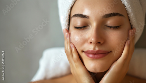 close portrait of a woman with facial face cream , skin care cosmetic advertising concept 
