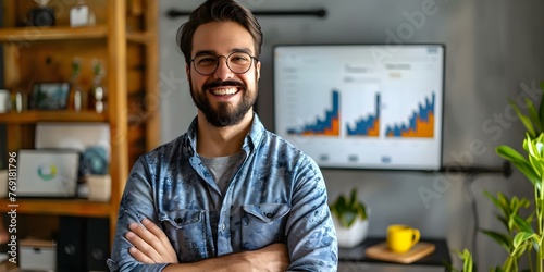 Confident Hispanic man presents a TV screen displaying a profitable chart symbolizing his success and company growth potential. Concept Business Success, Hispanic Entrepreneur, Profitable Chart photo