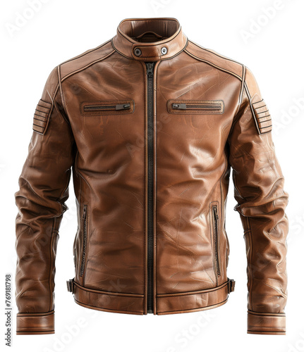 Tan leather motorcycle jacket with zipper details, cut out - stock png.