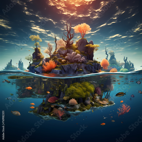 Surreal underwater scene with floating islands and fishes © Cao