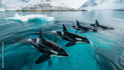 A pod of killer whales swimming in a crystal clear blue water near floating icebergs
