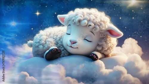 the lamb is sleeping on a starry cloud, seamless looping 4k animation video background 