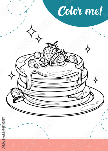 Coloring page for kids with pancakes and berries. A printable worksheet, vector illustration.
