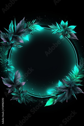 Mint neon frame with leaves on black background  in the style of circular shapes  tropical landscapes