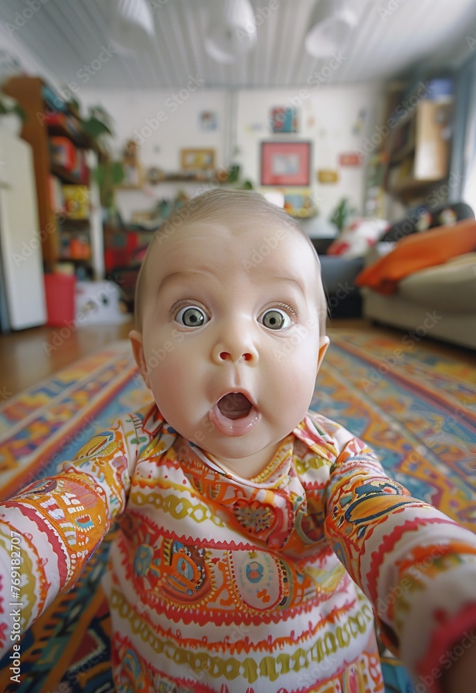 A small baby with an exaggerated funny surprised expression. A small baby with an exaggerated funny surprised expression.