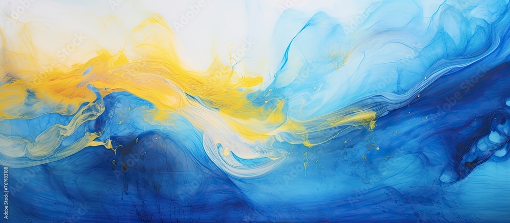 Abstract artwork depicting a wave in shades of blue and yellow, with a vibrant yellow center, creating a dynamic and colorful composition