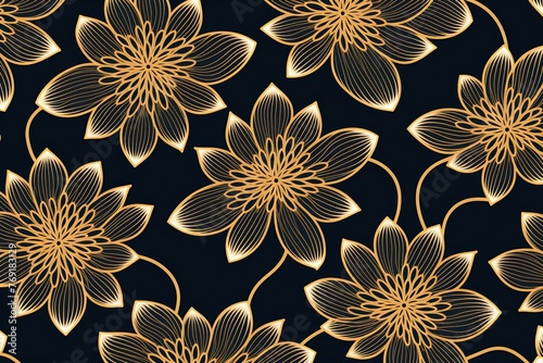simple gold flower pattern  lino cut  hand drawn  fine art  line art