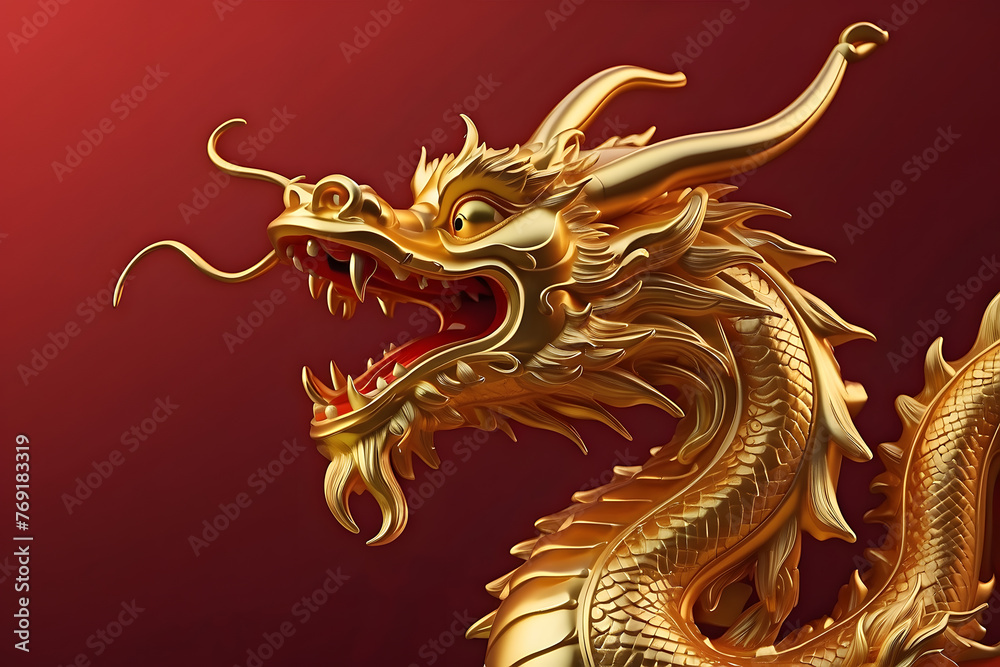The golden Chinese dragon on a red colour background, copy space empty background design. The golden Chinese dragon on a red colour background, copy space empty background design.