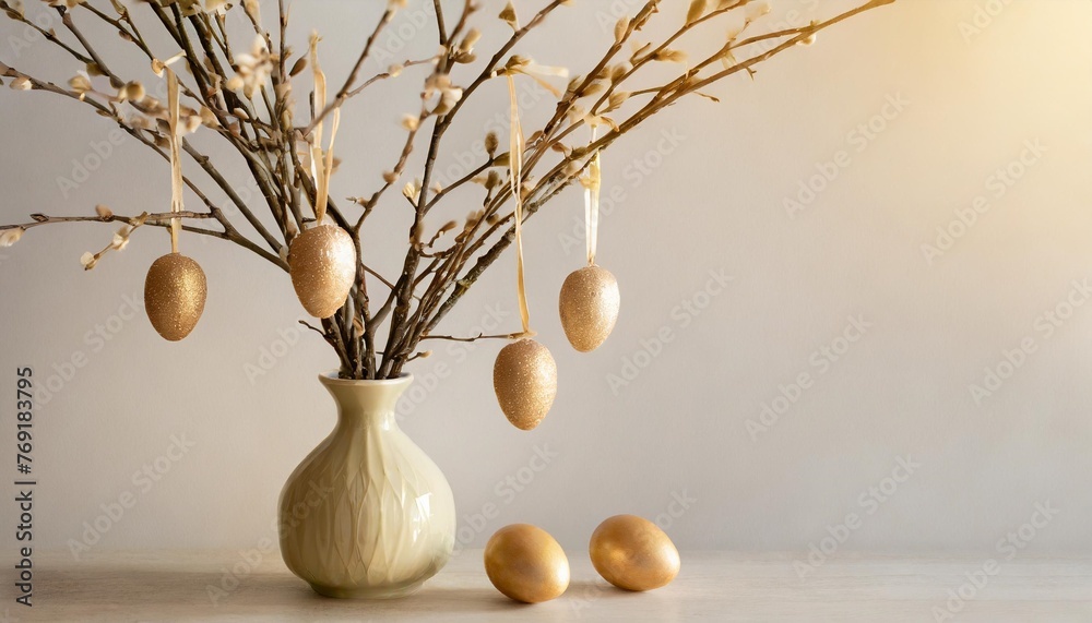 easter eggs hanging on tree branches in vase against light background with space for text