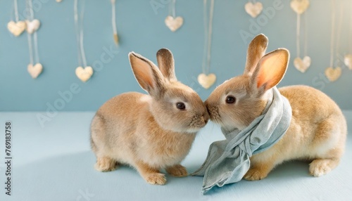 two small cute easter bunnies with a scarf are kissing on a light blue background creative valentine s day holiday ideas