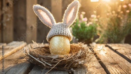 easter egg in a crocheted hat with bunny ears in a nest on old wooden boards home happy easter decoration concept