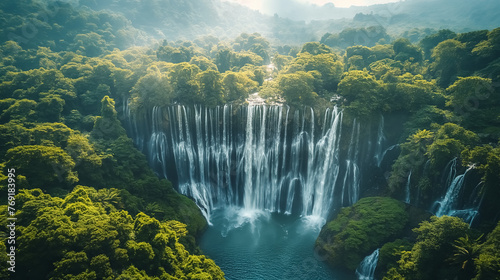 A mesmerizing aerial view of a cascading waterfall nestled within a lush, untouched forest, with sunlight filtering through the canopy, creating a sparkling display of nature's beauty © Loucine