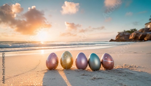 colorful painted easter eggs on paradisiacal beach holy week holiday concept photo