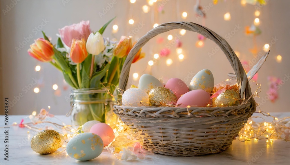 a basket filled with easter eggs sitting on top of a table next to a vase filled with pink and orange flowers and a string of lights behind the basket is filled with eggs