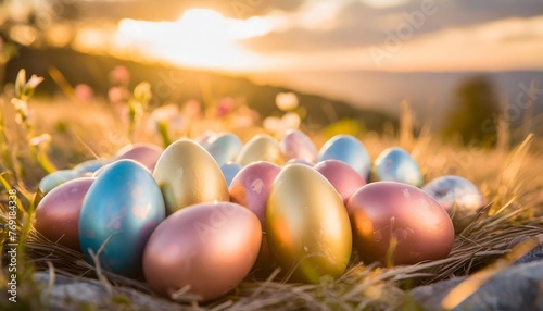 colorful easter eggs background pink blue red and yellow eggs